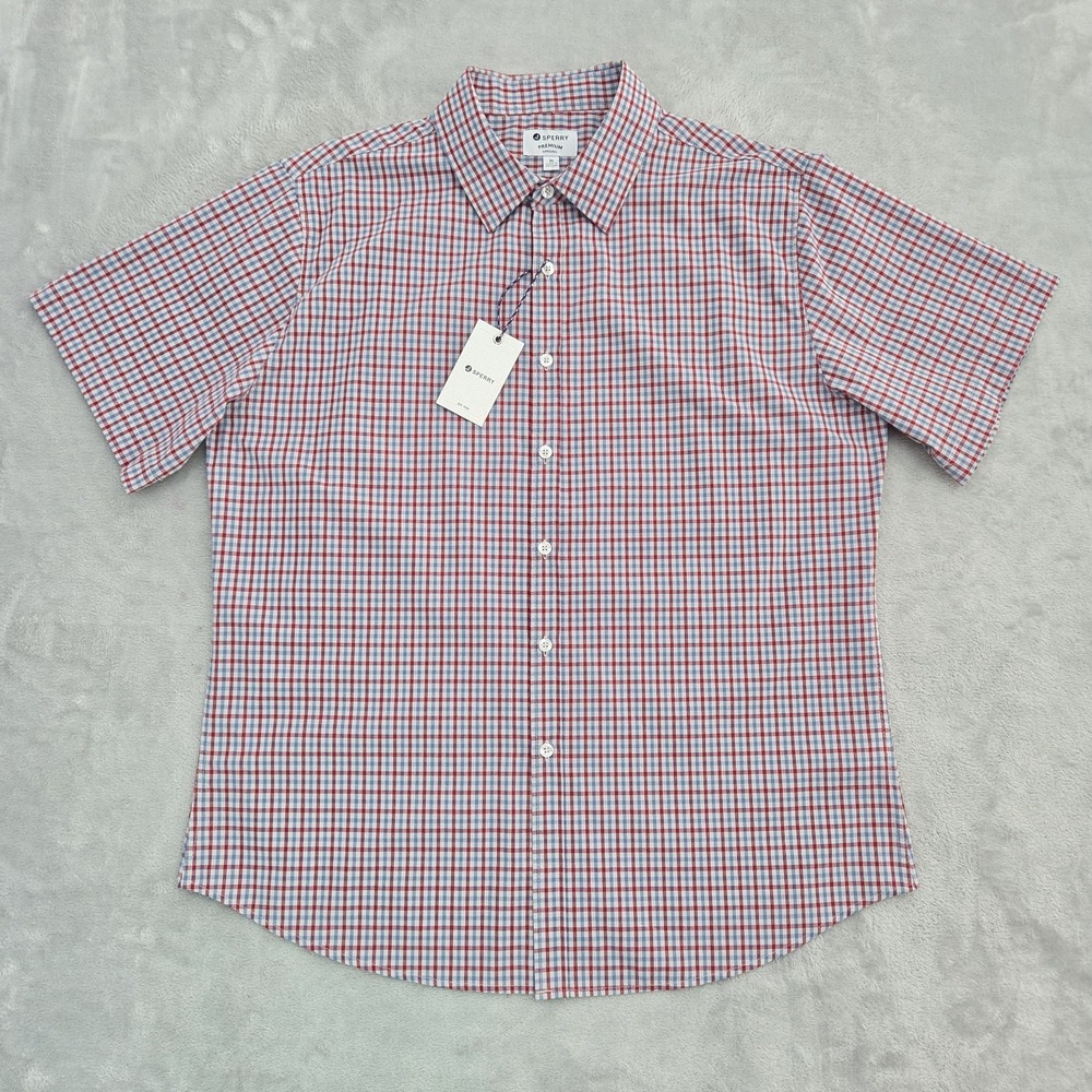 Sperry Premium Apparel Button Down Shirt Mens XL Short Sleeve Gray Plaid NWT